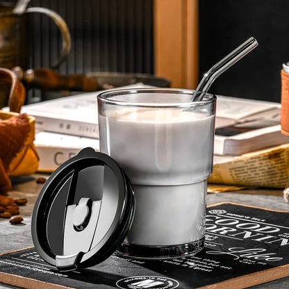 Glass Tumbler with Leather Grip, Lid and Straw